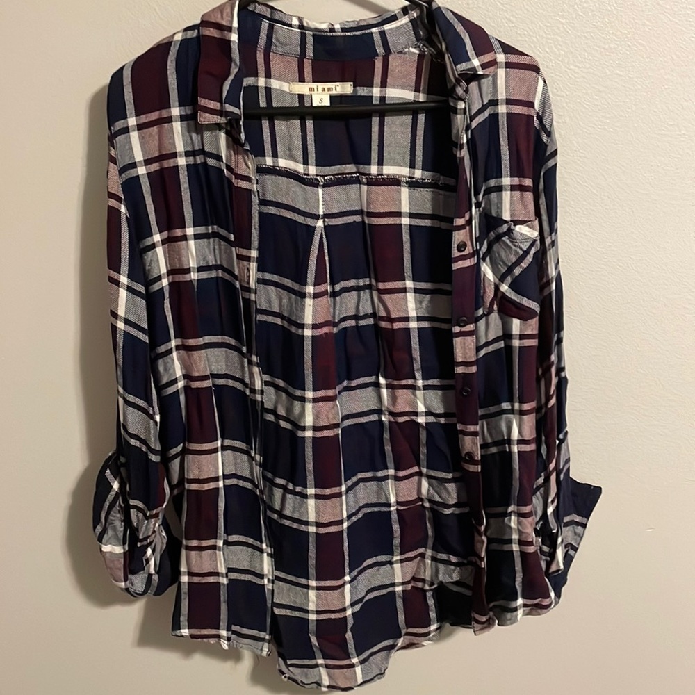 Blue maroon and white flannel button down shirt